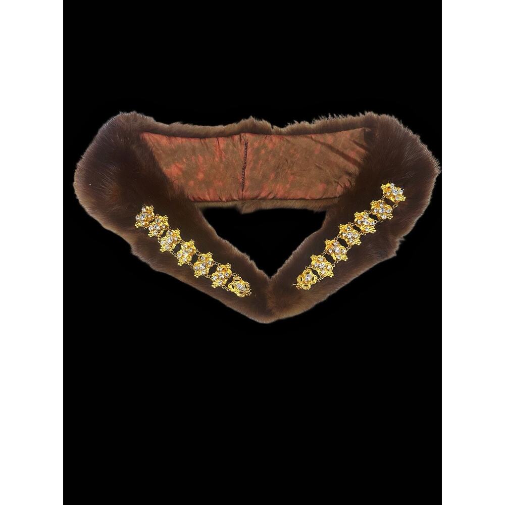 Vintage Brown Mink Fur Collar Gold and Crystal Chain Embellishment Statement